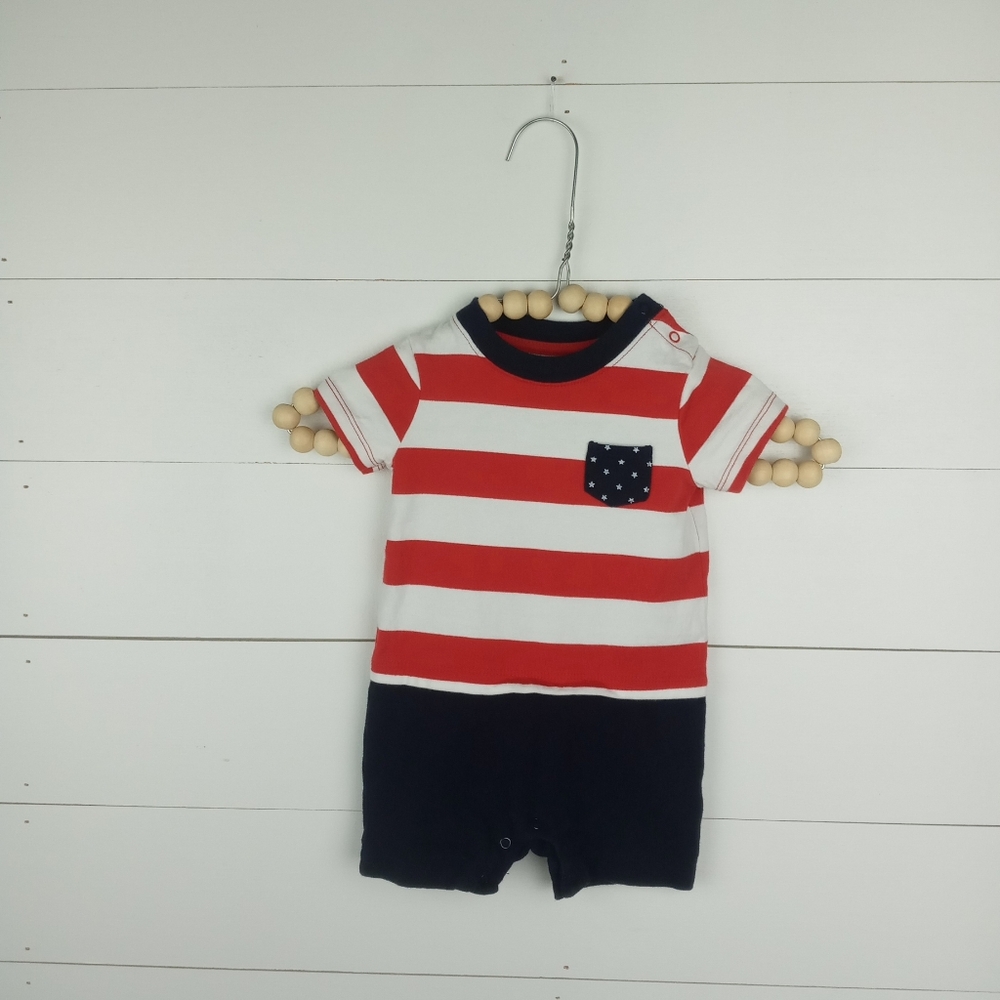 Gymboree boys size 3-6 mos red white blue striped romper navy bottom, stripes